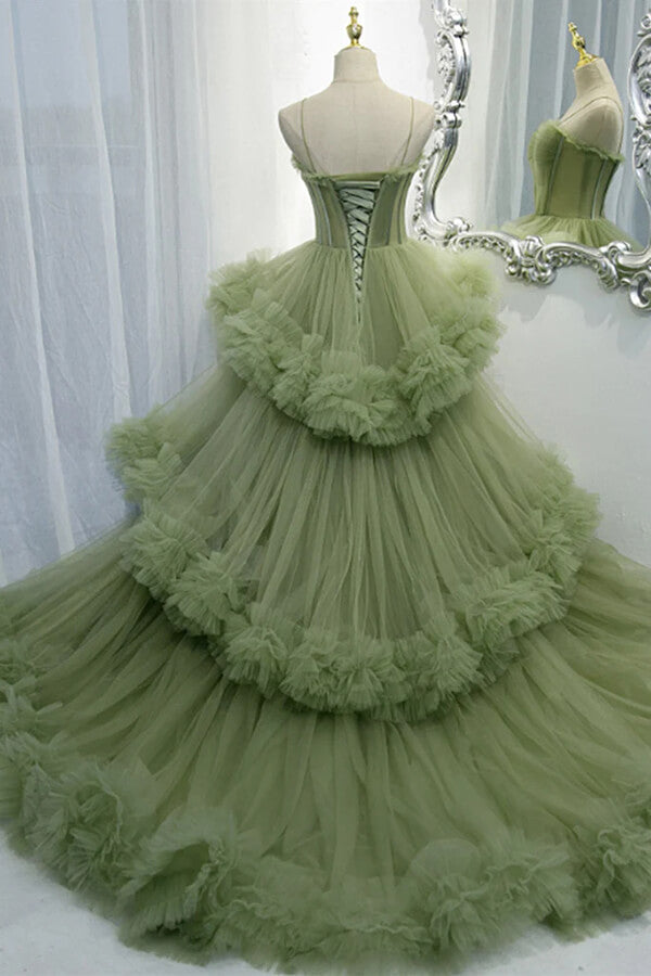 Elegant Straps Pleated Green Tiered Tulle Prom Formal Dress TP1148 US4 / Custom Color Elegant Straps Pleated Green Tiered Tulle Prom Formal Dress TP1148 US4 / Custom Color