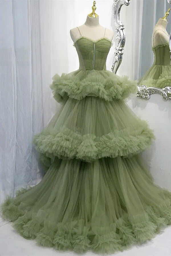 Light Green Spaghetti Strap Prom Dresses A-Line Tulle Evening