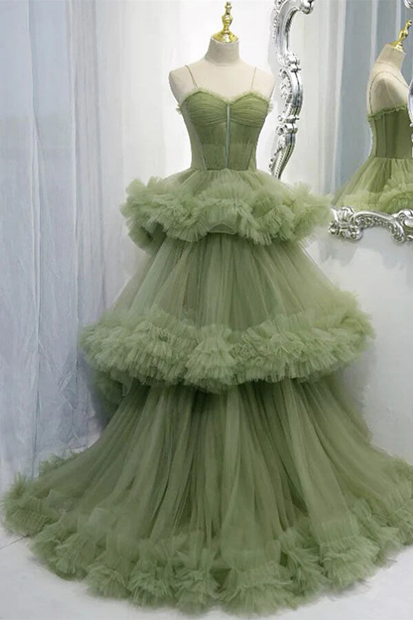 Elegant Straps Pleated Green Tiered Tulle Prom Formal Dress TP1148 US4 / Custom Color Elegant Straps Pleated Green Tiered Tulle Prom Formal Dress TP1148 US4 / Custom Color