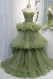 Green Tiered Tulle A Line Spaghetti Straps Prom Dresses, Evening Dresses, PL482