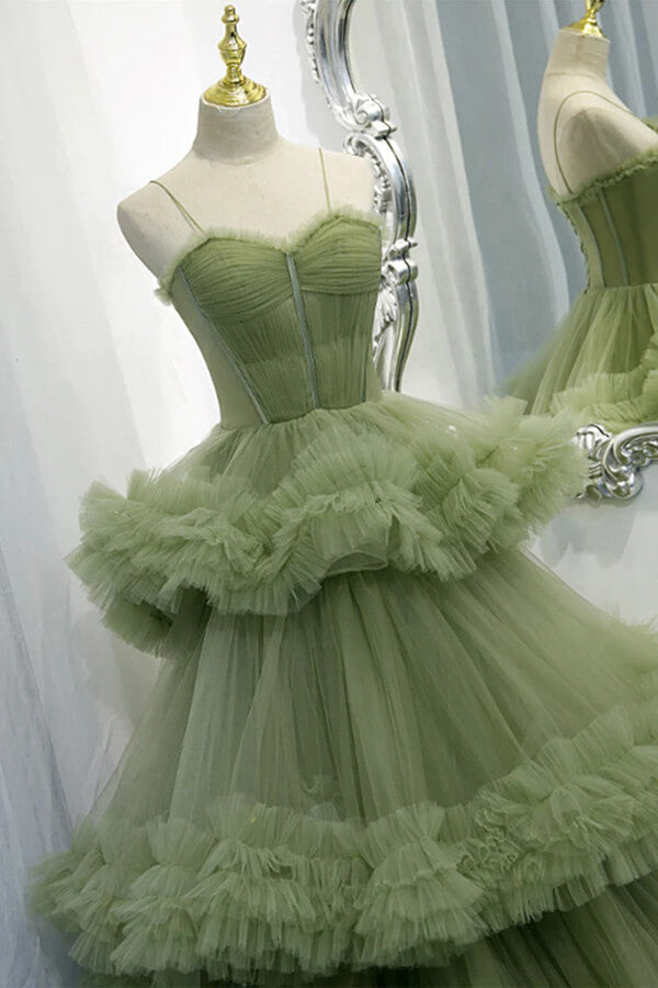 Green Tiered Tulle A Line Spaghetti Straps Prom Dress PL482 | Promnova Green Tiered Tulle A Line Spaghetti Straps Prom Dress PL482 | Promnova