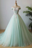 Green Tulle A Line Off Shoulder Lace Appliques Prom Dresses, Evening Gown, PL487 | lace prom dresses | tulle prom dresses | green prom dresses | promnova.com
