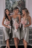 Grey Satin A Line High Low Spaghetti Straps Short Bridesmaid Dresses, PB162