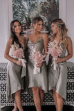 Grey Satin A Line High Low Spaghetti Straps Short Bridesmaid Dresses, PB162 | wedding party dresses | budget bridesmaid dresses | short bridesmaid dresses | cheap bridesmaid dresses | promnova.com