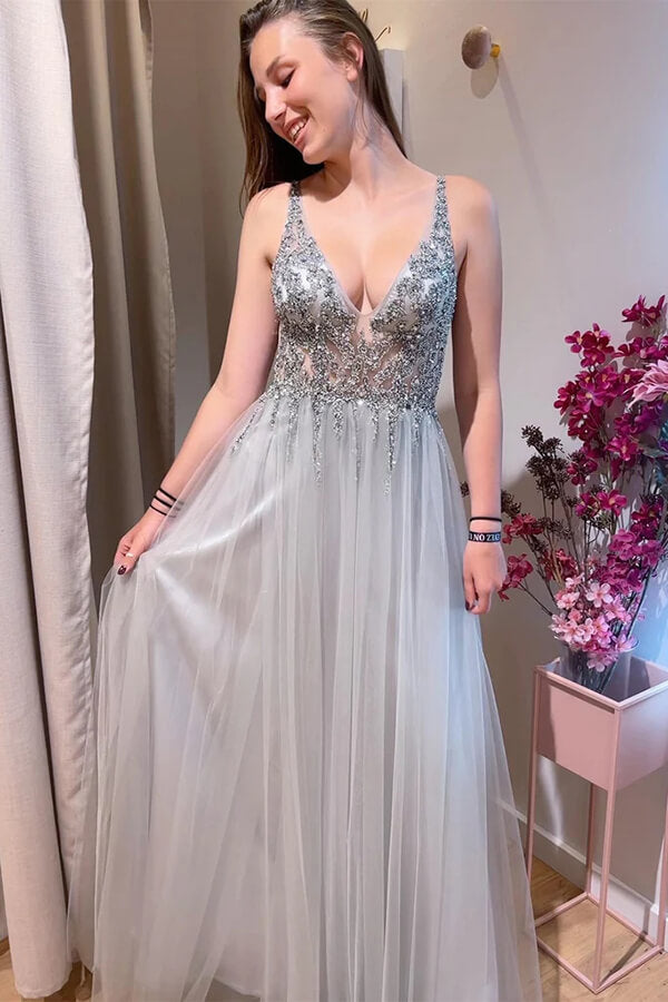 Grey Tulle Beaded A Line Deep V Neck Prom Dresses PL479