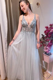 Grey Tulle Beaded A Line Deep V Neck Prom Dresses, Long Formal Dresses, PL479 | long prom dresses | evening dresses | party dresses | promnova.com