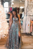 Grey Tulle Sequins V-neck Long Prom Dresses, Formal Dress With Side Split, PL416 | long prom dresses | cheap lace prom dress | evening gown | www.promnova.com