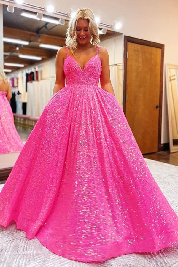 Hot Pink A Line V Neck Spaghetti Straps Prom Dresses PL505 | Promnova Custom Size / Custom Color Hot Pink A Line V Neck Spaghetti Straps Prom Dresses PL505 | Promnova Custom Size / Custom Color