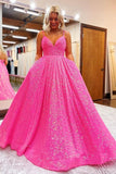 Hot Pink A Line V Neck Spaghetti Straps Long Prom Dresses, Evening Dress, PL505