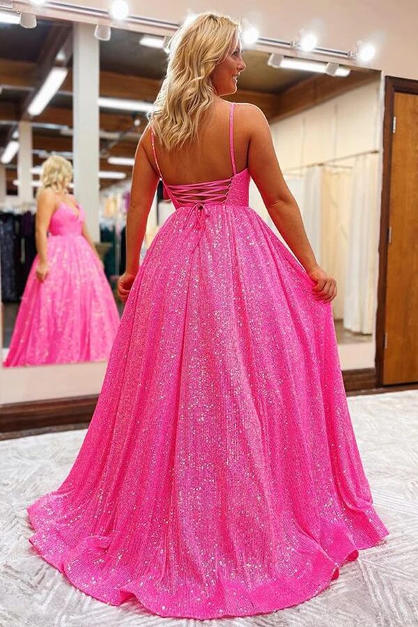 V Neck Spaghetti Straps Hot Pink Long Prom Dresses with Pockets TP1082 US16 / As Picture V Neck Spaghetti Straps Hot Pink Long Prom Dresses with Pockets TP1082 US16 / As Picture