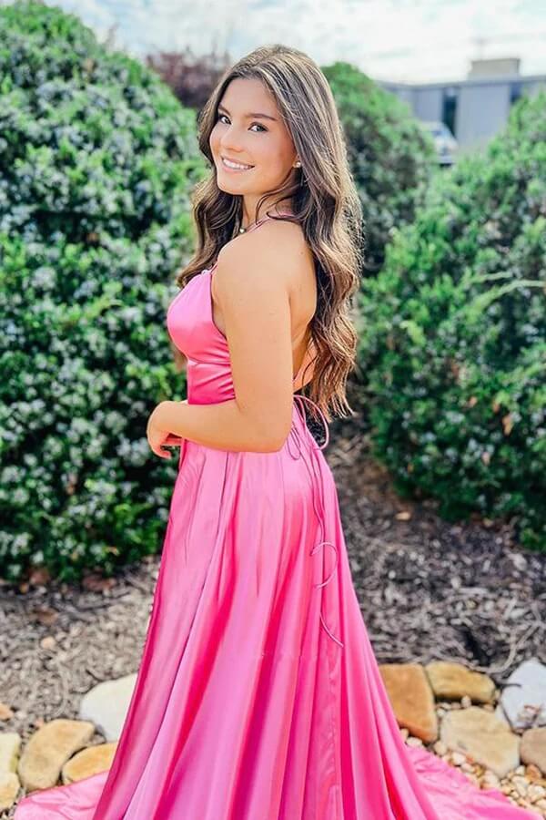 Hot Pink Silk Satin A Line Scoop Neck Long Prom Dress PL464 | Promnova US12 / Custom Color Hot Pink Silk Satin A Line Scoop Neck Long Prom Dress PL464 | Promnova US12 / Custom Color