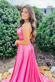 Hot Pink Silk Satin A Line Scoop Neck Long Prom Dresses With Side Slit, PL464 | evening dresses | pink prom dresses | long formal dresses | promnova.com