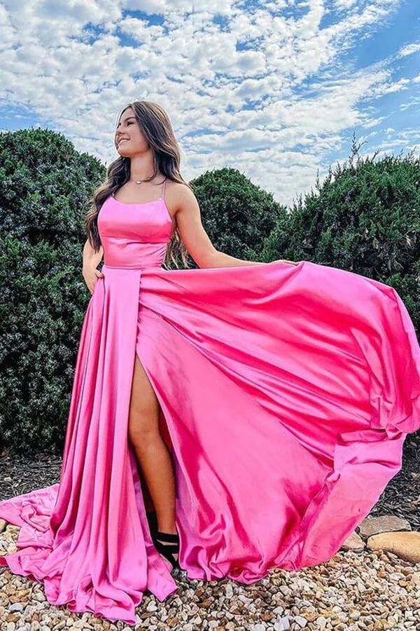 Hot Pink Silk Satin A Line Scoop Neck Long Prom Dresses With Side Slit, PL464 | prom dress | plus size prom dress | simple prom dresses | promnova.com