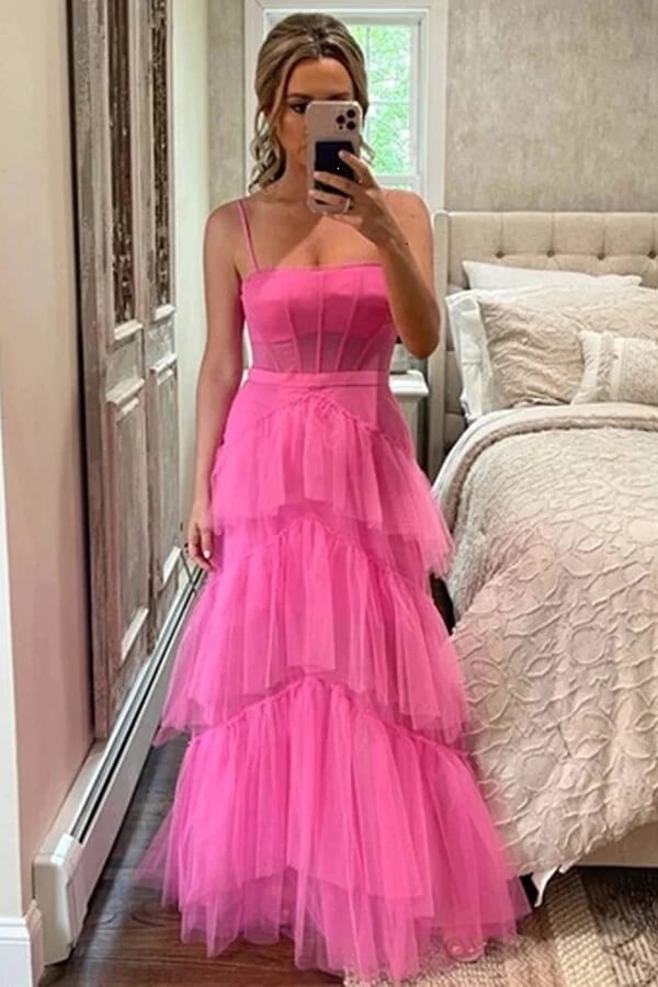 Hot Pink Tulle A Line Floor Length Simple Prom Dresses, Formal Dresses, PL533 | pink prom dresses | simple prom dresses | tulle prom dresses | promnova.com
