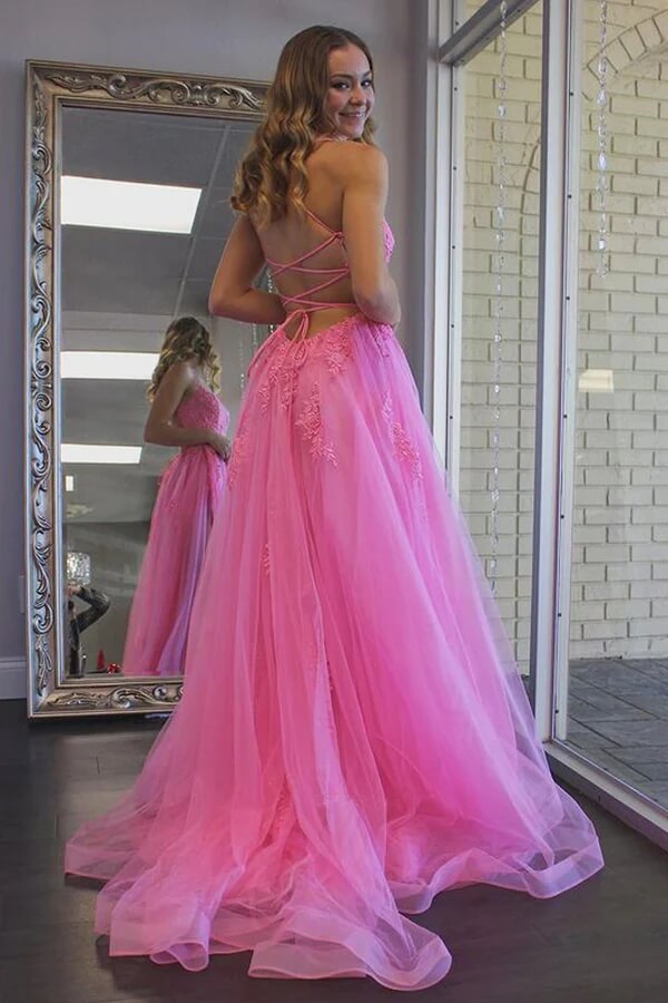 Hot Pink Tulle A Line Scoop Long Prom Dress, Evening Dresses With Slit, PL427 | cheap prom dresses online | lace prom dresses | evening gown | promnova.com
