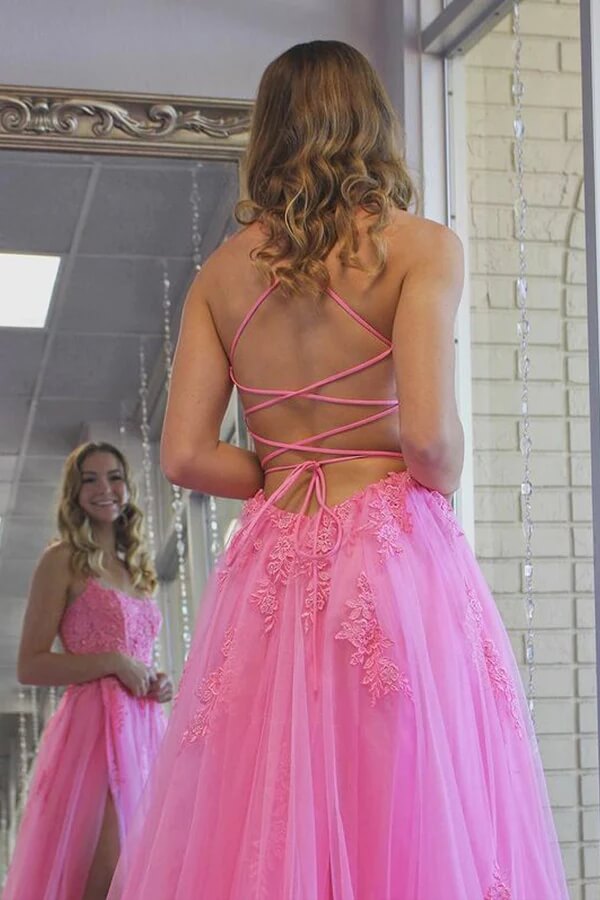 Hot Pink Tulle A Line Scoop Long Lace Prom Dresses PL427 | Promnova Custom Size / Custom Color Hot Pink Tulle A Line Scoop Long Lace Prom Dresses PL427 | Promnova Custom Size / Custom Color