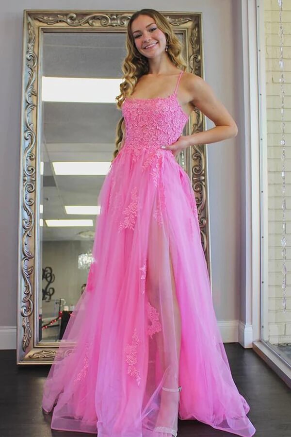 Pink Lace Long A-Line Scoop Tulle Prom Dresses, Cheap Simple Prom Dress
