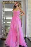 Hot Pink Tulle A Line Scoop Long Prom Dress, Evening Dresses With Slit, PL427