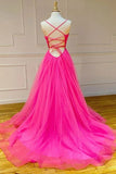 Hot Pink Tulle A Line V Neck Prom dresses With Slit, Evening Dress, PL532 | long formal dresses | party dresses | prom dresses online | promnova.com