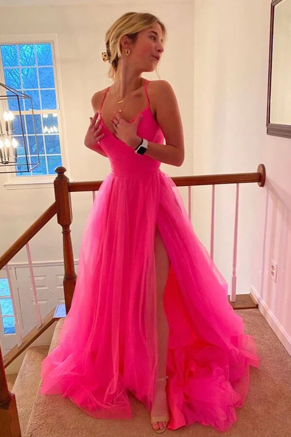 Hot Pink Tulle A Line V Neck Prom dresses With Slit, Evening Dress, PL532 | cheap prom dresses | simple prom dresses | tulle prom dresses | promnova.com