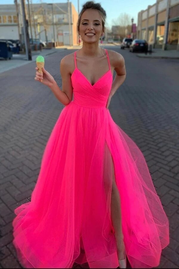 Hot Pink Tulle A Line V Neck Prom dresses With Slit, Evening Dress, PL532 | pink prom dresses | tulle prom dresses | evening gown | promnova.com