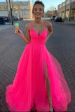 Hot Pink Tulle A Line V Neck Prom dresses With Slit, Evening Dress, PL532
