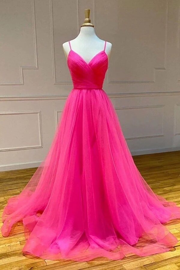 Hot Pink Tulle A Line V Neck Prom dresses With Slit, Evening Dress, PL532 | a line prom dresses | long prom dress | evening gown | promnova.com