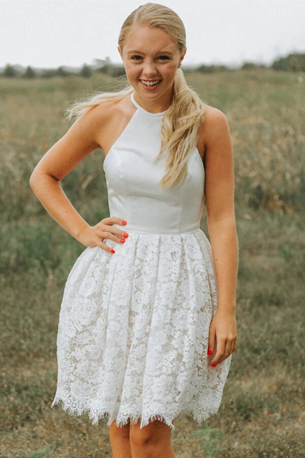A-Line Ivory Lace Halter Backless Short Prom Dress Homecoming Dress US16 / As Picture A-Line Ivory Lace Halter Backless Short Prom Dress Homecoming Dress US16 / As Picture