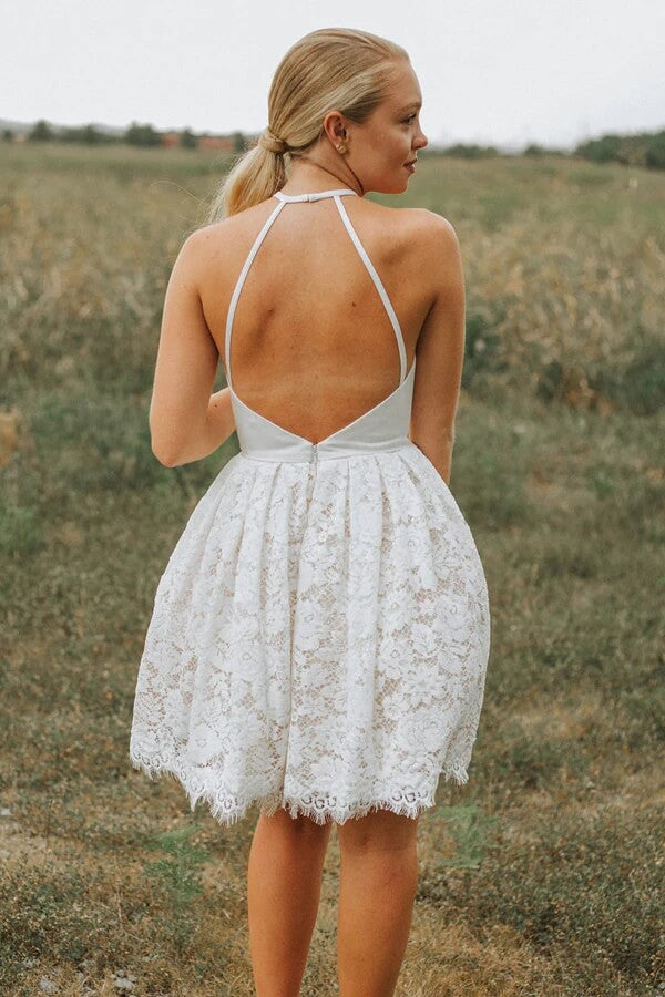 A-Line Ivory Lace Halter Backless Short Prom Dress Homecoming Dress US16 / As Picture A-Line Ivory Lace Halter Backless Short Prom Dress Homecoming Dress US16 / As Picture