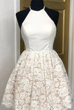 Ivory A Line Halter Backless Lace Homecoming Dresses, Short Party Dress, PH392 | dress for homecoming | cheap homecoming dresses | school event dress | promnova.com