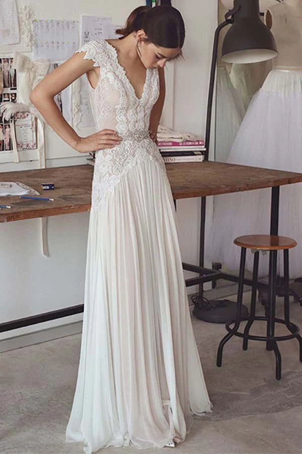 Ivory Chiffon A Line Cap Sleeves Weding Dresses, PW334 | Promnova US0 / As Picture