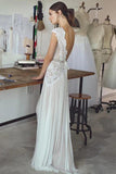 Ivory Chiffon A Line Cap Sleeves Backless Lace Appliques Weding Dresses, PW334 | beaded wedding dresses | cheap lace wedding dresses | bridal gowns | promnova.com