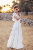 Ivory Chiffon A Line V Neck Open Back Cap Sleeves Long Wedding Dresses, PW307