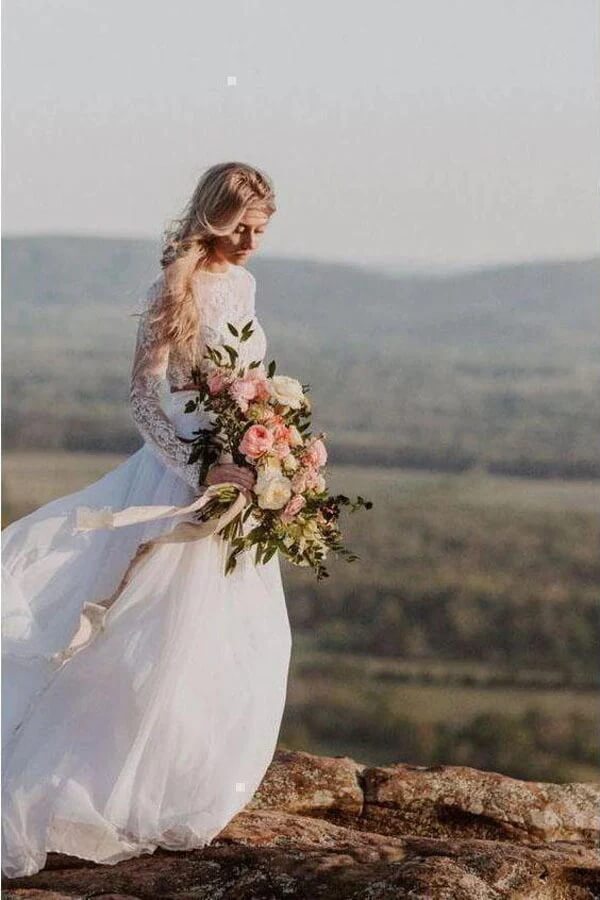 Ivory Chiffon Two Piece Long Sleeves Lace Wedding Dress, Bridal Gown, PW353 | white wedding dresses | wedding dresses stores | bohemian wedding dresses | promnova.com