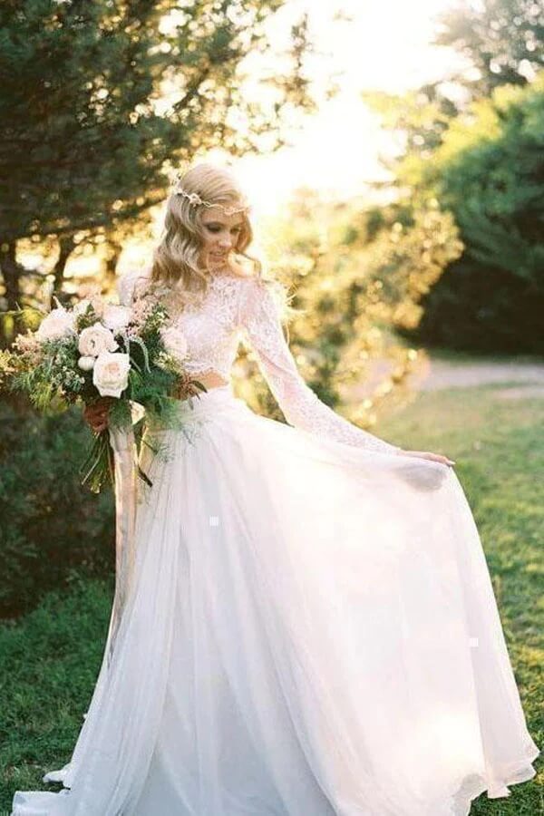Chiffon Two Piece Long Sleeves Lace Wedding Dress PW353 | Promnova US6 / As Picture Chiffon Two Piece Long Sleeves Lace Wedding Dress PW353 | Promnova US6 / As Picture