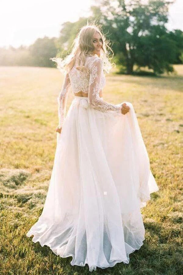 Ivory Chiffon Two Piece Long Sleeves Lace Wedding Dress, Bridal Gown, PW353 | cheap lace wedding dresses | beach wedding dresses | a line wedding dress | promnova.com