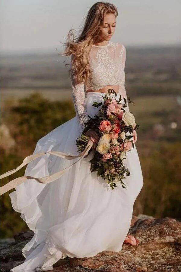 Ivory Chiffon Two Piece Long Sleeves Lace Wedding Dress, Bridal Gown, PW353 | lace wedding dresses | bridal gowns | two piece wedding dresses | promnova.com