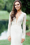 Ivory Lace Mermaid Backless Long Sleeves Wedding Dresses, Wedding Gown, PW348 | long sleeves wedding dresses | v neck wedding dresses | bridal gown | promnova.com