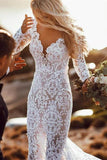 Ivory Lace Mermaid Rustic Long Sleeves Wedding Dresses, Wedding Gowns, PW297 | vintage wedding dresses | outdoor wedding dresses | wedding dresses stores | promnova.com