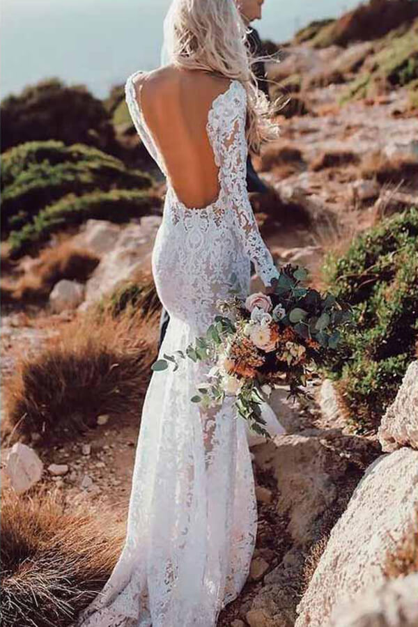 ​Ivory Lace Mermaid Rustic Long Sleeves Wedding Dresses, Wedding Gowns, PW297 | cheap lace wedding dresses | bridal gowns | vintage wedding dresses | promnova.com