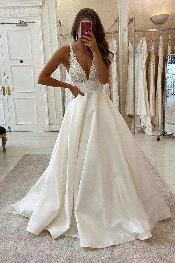 Ivory Satin A Line Lace Top Backless Wedding Dresses, Cheap Bridal Gowns, PW312 | satin wedding dresses | cheap wedding dresses | wedding gowns | promnova.com