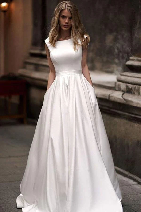 Ivory Satin A Line Princess Wedding Dress With Pocket PW285 | Promnova US18W / Custom Color Ivory Satin A Line Princess Wedding Dress With Pocket PW285 | Promnova US18W / Custom Color