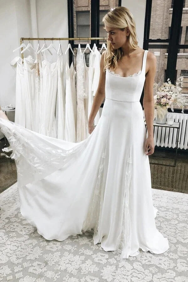 Ivory Satin A Line Wedding Dress With Lace Appliques PW327