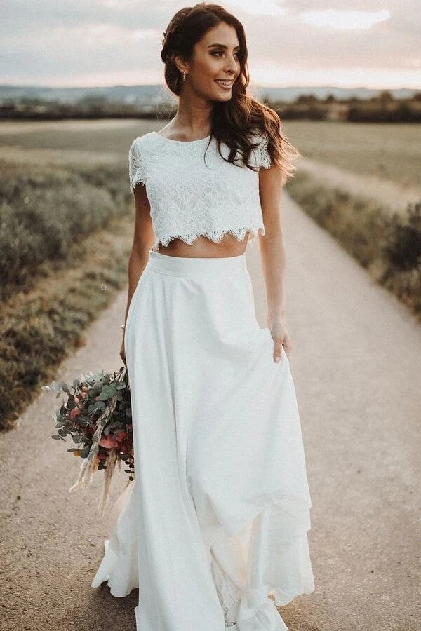Satin Two Piece Lace Short Sleeves Wedding Dresses PW324 | Promnova US18W / As Picture Satin Two Piece Lace Short Sleeves Wedding Dresses PW324 | Promnova US18W / As Picture