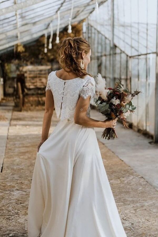 Ivory Satin Two Piece Lace Top Short Sleeves Wedding Dresses, Bridal Gowns, PW324 | vintage wedding dresses | cheap lace wedding dresses | wedding dresses online | promnova.com