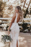 Ivory Sheath Deep V Neck Floor Length Wedding Dress, Lace Wedding Gowns, PW328 | boho wedding dress | bridal dresses | sexy wedding dress | promnova.com