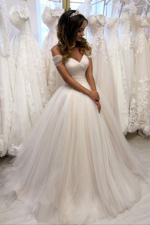 ​Ivory Tulle A Line Off Shoulder Beaded Wedding Dresses, Bridal Gowns, PW289 | simple wedding dresses | beaded wedding dress | cheap wedding dresses online | promnova.com