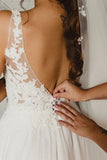 Ivory Tulle A Line V Neck Lace Wedding Dresses, Bridal Gowns With Slit, PW345 | wedding dresses online | wedding dresses near me | wedding dress cheap | promnova.com