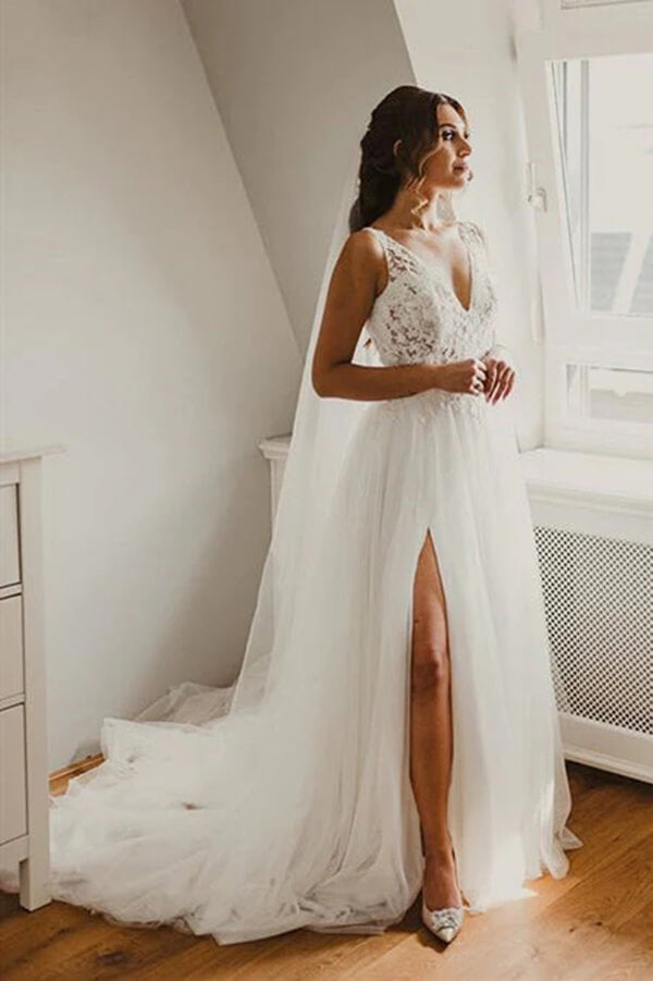 Ivory Tulle A Line V Neck Lace Wedding Dresses, Bridal Gowns With Slit, PW345 | cheap wedding dresses | simple wedding dresses | wedding gowns | promnova.com