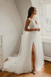 Ivory Tulle A Line V Neck Lace Wedding Dresses, Bridal Gowns With Slit, PW345